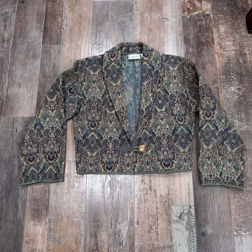 Flashback Vintage Tapestry Paisley Cropped Jacket Green Blue Gold Boho Large L